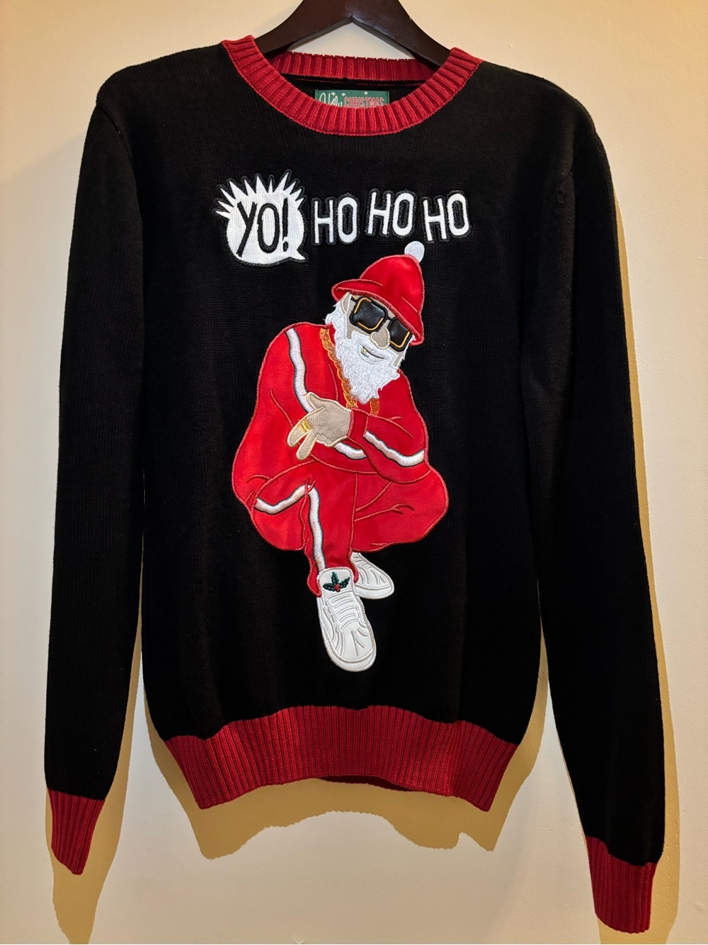Ugly Christmas Sweater Black & Red Hip-Hop Santa Crewneck